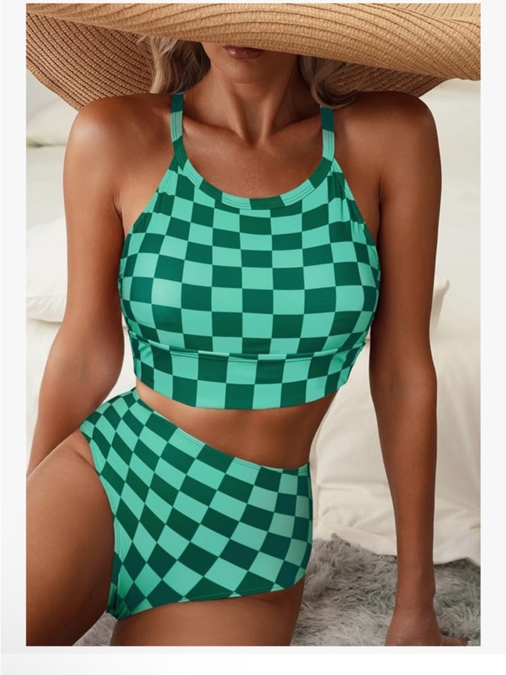 Herseas M NWOT Checkerboard LIGHT & DARK GREEN High-Neck VIRAL Bikini Set